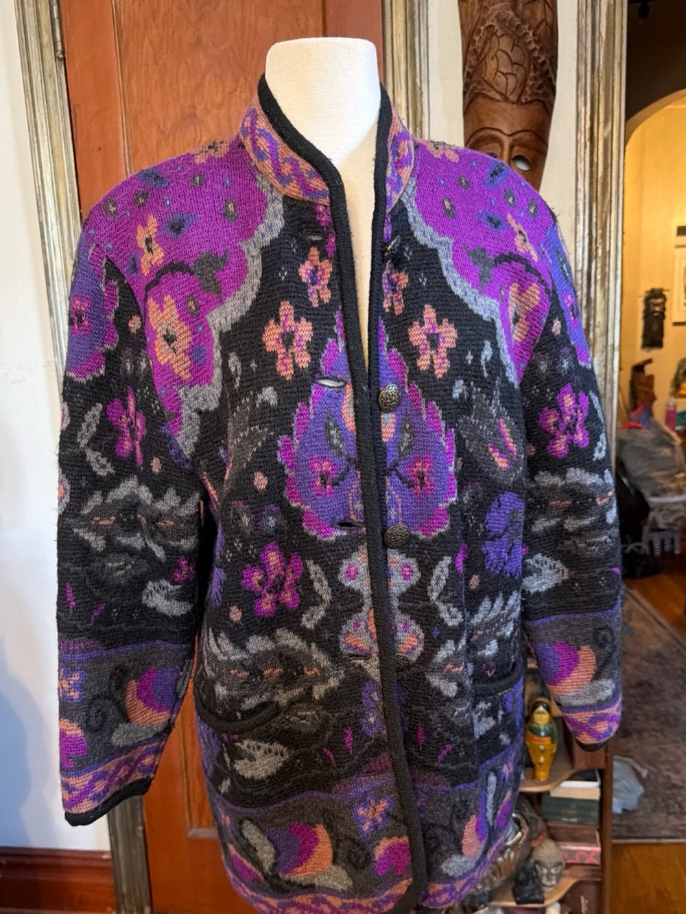 Geiger Collections Patterned Wool Blend Cardigan Sweater Quilted Jacket Size 36
